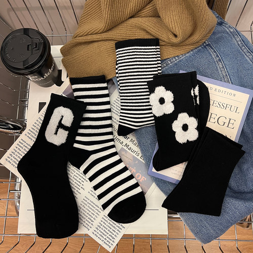 保暖女纯棉黑色中筒女袜