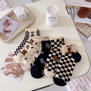 学院风低帮浅口运动船袜 薄款 韩版 卡通小熊袜子女纯棉短筒袜春夏季
