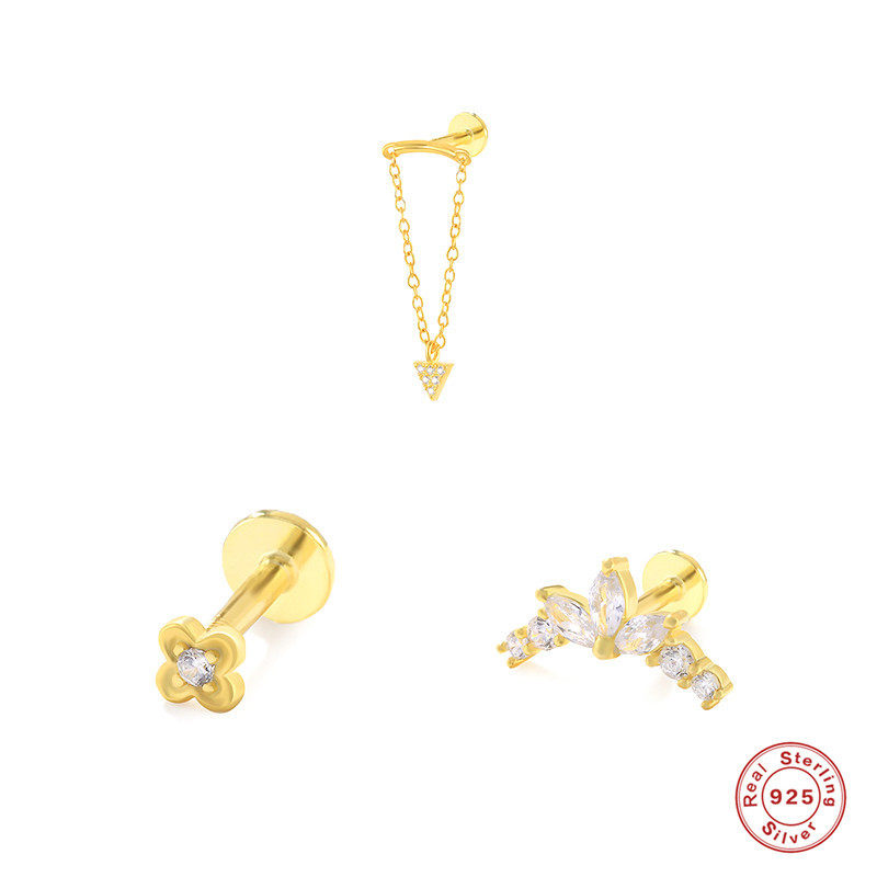 S  GEOMETRIC PIERCING THREADED STUD EAR BONE STUD CLOVER FLOWER TRIANGLE DIAMOND PENDANT EAR ORNAMENT FEMALE