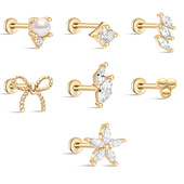 14k金欧美ins风花朵珍珠时尚 穿刺内螺纹平底18G耳骨钉黄金耳饰