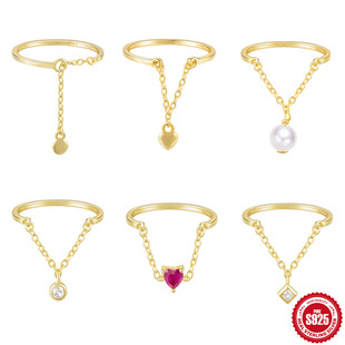 S925纯银链条开口可调节单颗仿珍珠锆石食指戒简约百搭气质戒指女