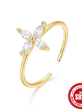 S925银戒指镀金镶嵌马眼锆石花形开口女式戒指指欧美INS网红同款