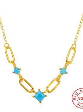 S925纯银回形针绿松石锁骨项链女欧美创意款INS潮人气质项饰