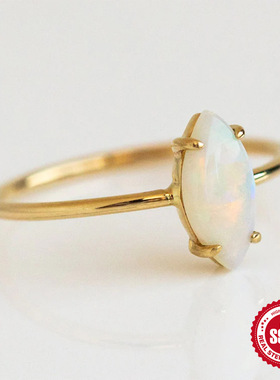 S925纯银四爪镶澳宝蛋白石戒指欧美时尚简约ins风女士结婚戒指环