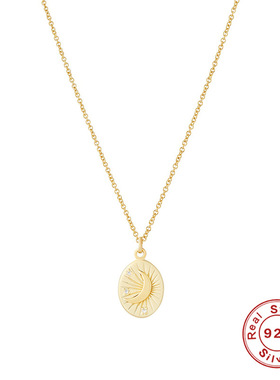 S925纯银星盘月亮光芒复古罗马风锁骨项链金属感小众简约日常项饰