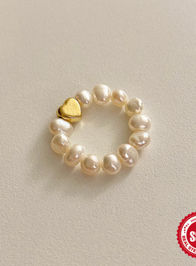 欧美S925纯银爱心形冷淡风弹性珍珠戒指女新款小众设计串珠食指戒