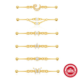 s925纯银 industrial piercing日常佩戴星月元素链条工业杠铃穿刺