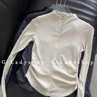 立领半拉链侧面收腰褶皱显瘦瑜伽上衣 螺纹长袖运动T恤