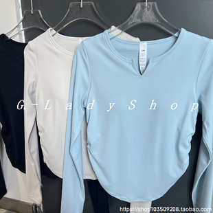 一体式带固定胸垫V领瑜伽上衣 褶皱收腰遮腹运动T恤