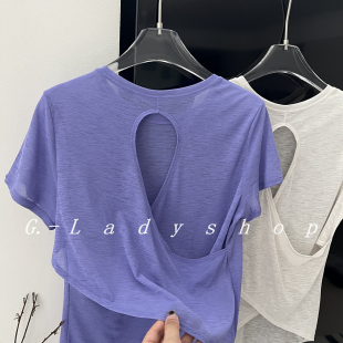 竹节纱透气镂空交叉美背运动T恤上衣 宽松罩衫