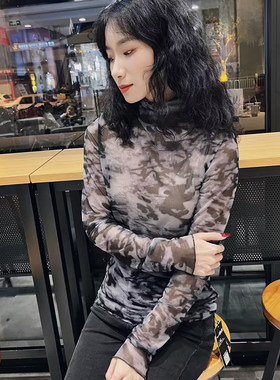 打底衫内搭薄木耳边网纱女半高领