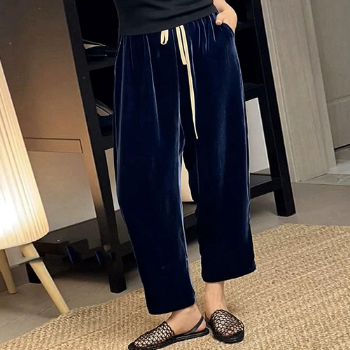 丝绒阔腿裤女春休闲裤宽松遮肉显瘦系带松紧腰抽绳口袋9分奶奶裤