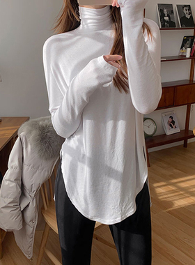 白色高领打底衫女内搭中长款欧货小衫胖M大码黑色上衣宽松遮胯T恤