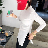 内搭打底衫 中长款 白色大码 女春秋遮屁股上衣开叉欧货小衫 T恤长袖