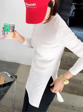 中长款T恤长袖女春秋遮屁股上衣开叉欧货小衫白色大码内搭打底衫