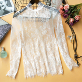 花边内搭打底衫 洋气秋黑色镂空上衣内搭精致小衫 长袖 半高领蕾丝衫