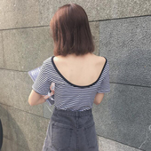 设计感小众性感漏背打底衫 条纹短袖 t恤女纯棉202新款 健身上衣夏