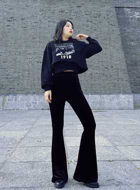 金丝绒高腰喇裤保暖黑色高个加长裤冬大码胖MM梨形身材加绒裤子女