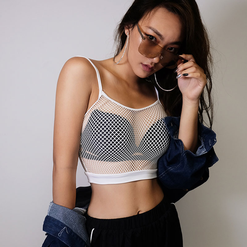 网格吊带背心女夏沙滩网纱性感露腰显瘦内搭运动健身镂空短款上衣