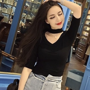 T恤女莫代尔夏新款修身显瘦挂脖v领港风打底衫背心大码女中袖上衣