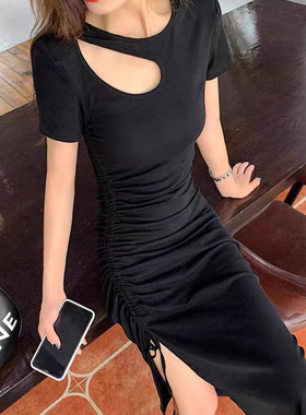 裙子女夏季性感抽绳开叉长裙大码女装显瘦气质高级感莫代尔连衣裙