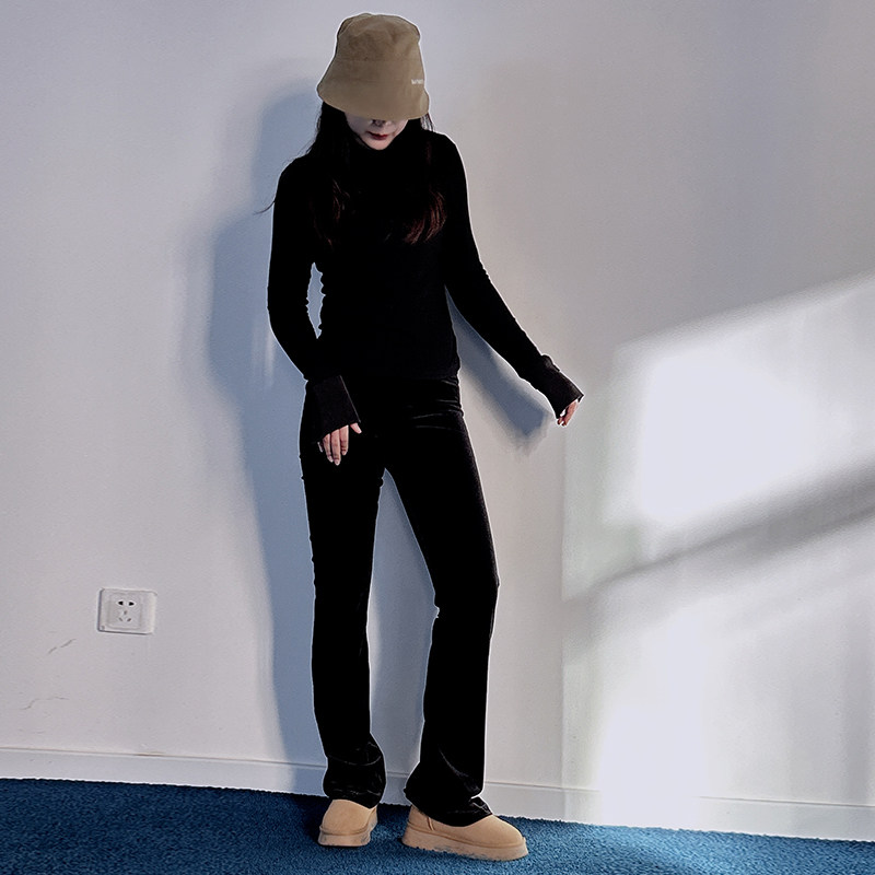 黑色丝绒长裤女复古微喇显瘦显高松紧腰大码马蹄裤高个加绒长裤子