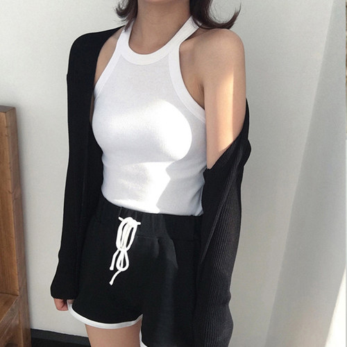 白色吊带背心胸垫美式挂脖式纯棉