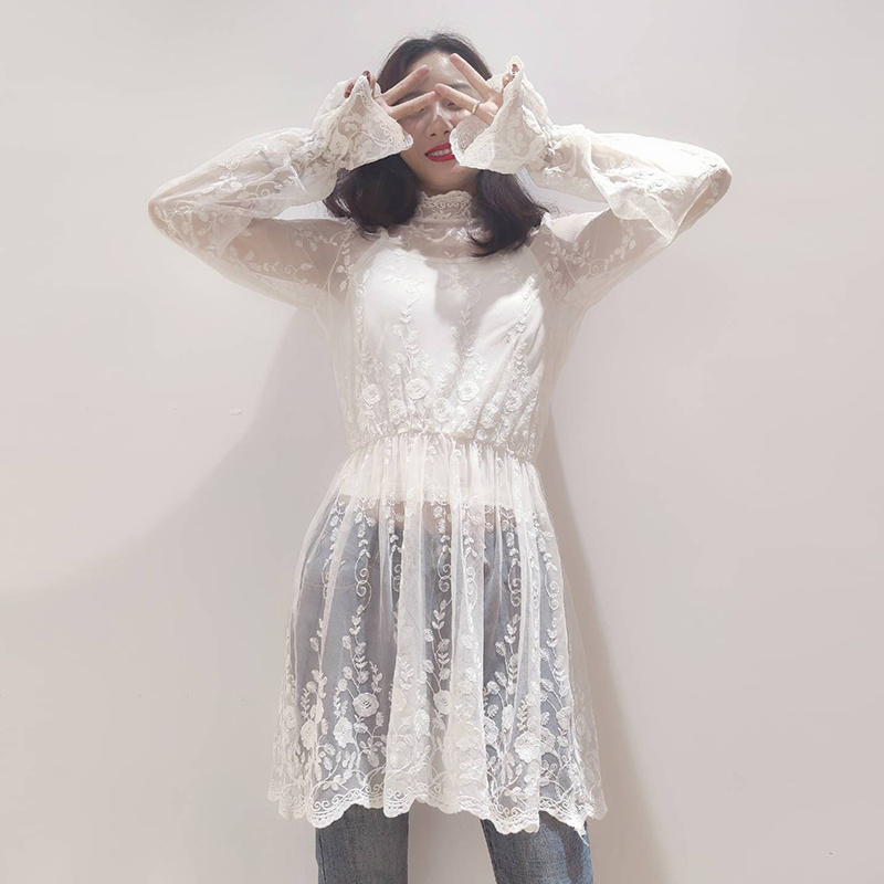 立领打底新款网面刺绣花朵蕾丝衫