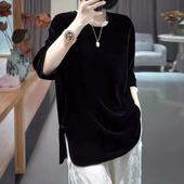 金丝绒上衣新中式 胖MM黑色盘扣国风打底衫 早秋中款 女宽松开叉大码