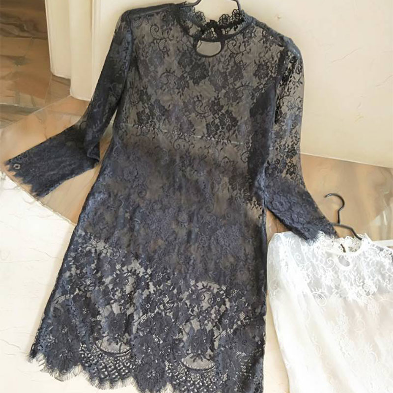 新品长袖立领蕾丝打底衫罩衫女镂空内搭外穿花边领口衣服上衣长款