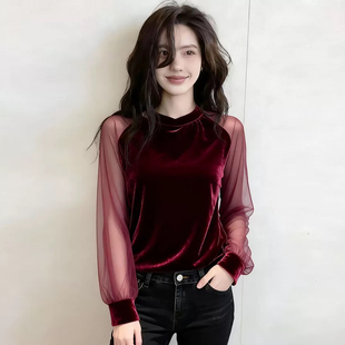 丝绒打底衫女红色春新年本命年网纱拼接袖高级感外穿内搭纱袖上衣