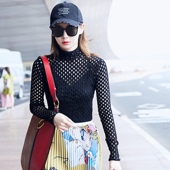 蕾丝打底衫 外穿 网红洋气半高领蕾丝衫 女网纱夏新款 镂空网格打底衫