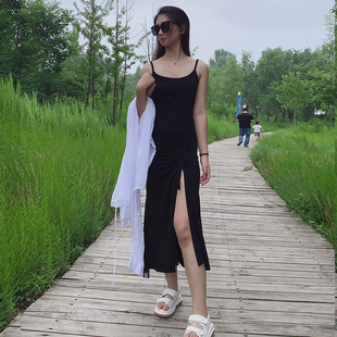 无袖连衣裙吊带长裙女夏天开叉抽绳褶皱收腰包臀黑色小众独特裙子