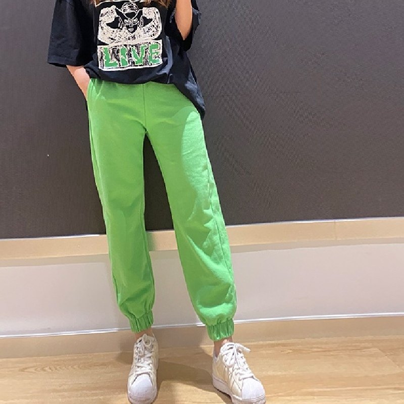 绿色运动裤女宽松束脚裤子春夏新款高腰显瘦哈伦裤纯棉休闲卫裤