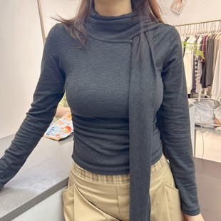 独特小衫高级感别致上衣女系带围巾领小心机洋气超好看收腰打底衫