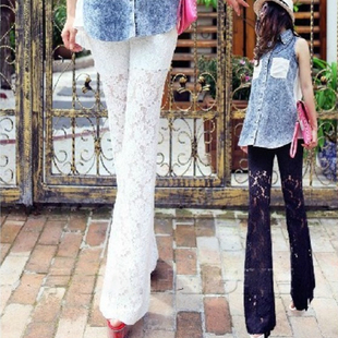 加长裤 高腰蕾丝微喇女镂空性感胖MM裤 显瘦喇叭裤 大码 子夏天打底裤