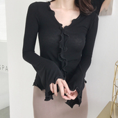 莫代尔打底衫 T恤长袖 气质ins潮上衣服大码 木耳边喇叭袖 女春秋小衫