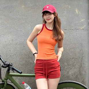 工字背心女带胸垫外穿橙色运动瑜伽吊带旅游出片纯棉无袖 打底背心