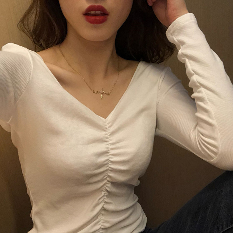 T恤长袖女V领女神范秋冬洋气上衣韩版显瘦褶皱针织螺纹内搭打底衫
