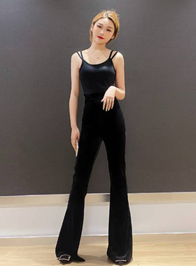 加绒长裤子女高个秋冬金丝绒潮ins港风大码胖M高腰显瘦黑色喇叭裤