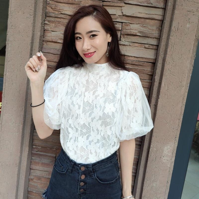 蕾丝衫女短袖夏季韩版显瘦大码立领网纱拼接镂空泡泡袖蕾丝上衣女