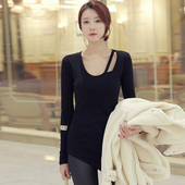 上衣加绒秋衣黑色弹力厚打底衫 t恤女质感中长款 不规则大码 内搭冬