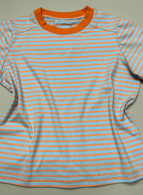 条纹短袖上衣女夏新款正肩宽松大码橙色蓝色拼色纯棉夏日短袖t恤