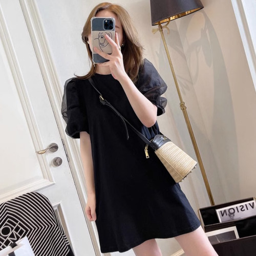 百搭A字裙黑色棉质纯色网纱拼接