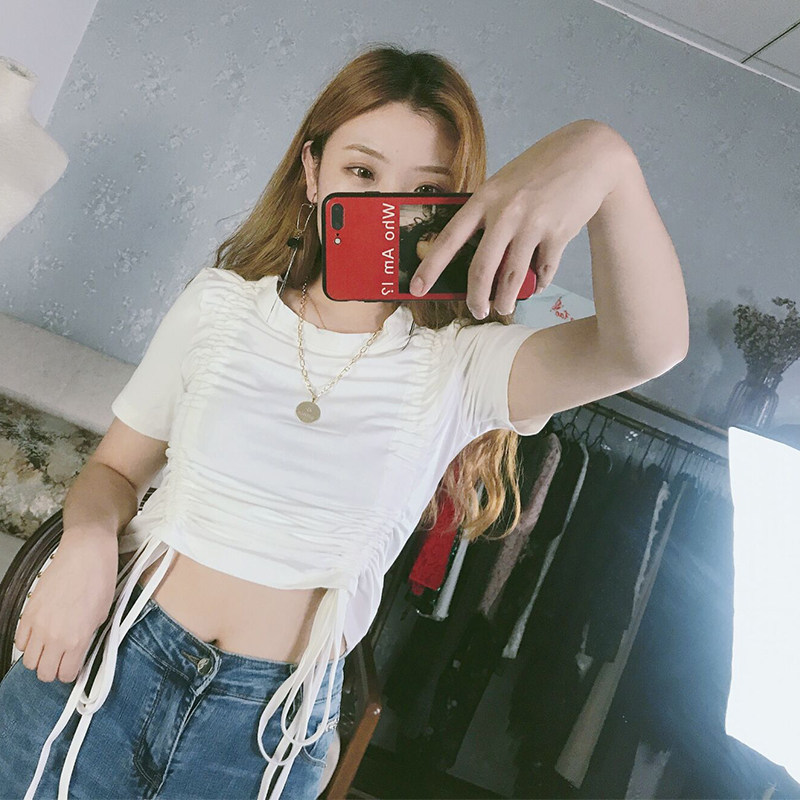 短袖t恤女夏新款白色抽绳可调节长短大码潮露腰上衣纯棉短袖t恤女