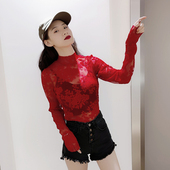 女长袖 大码 半高领打底衫 新款 镂空洋气网纱蕾丝上衣 秋季 红色蕾丝衫