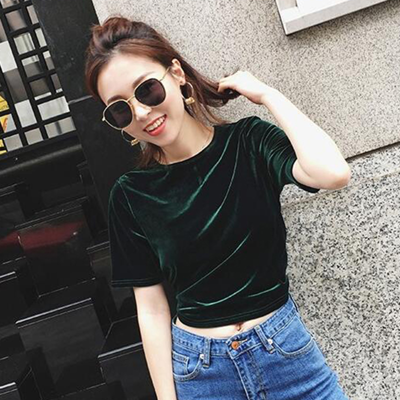 T恤短袖女金丝绒衣服夏季新款装洋气墨绿色短款上衣下摆开叉t恤女