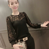 T恤女秋新款 蕾丝衫 性感显瘦灯笼袖 打底衫 百搭通勤蕾丝上衣女 长袖
