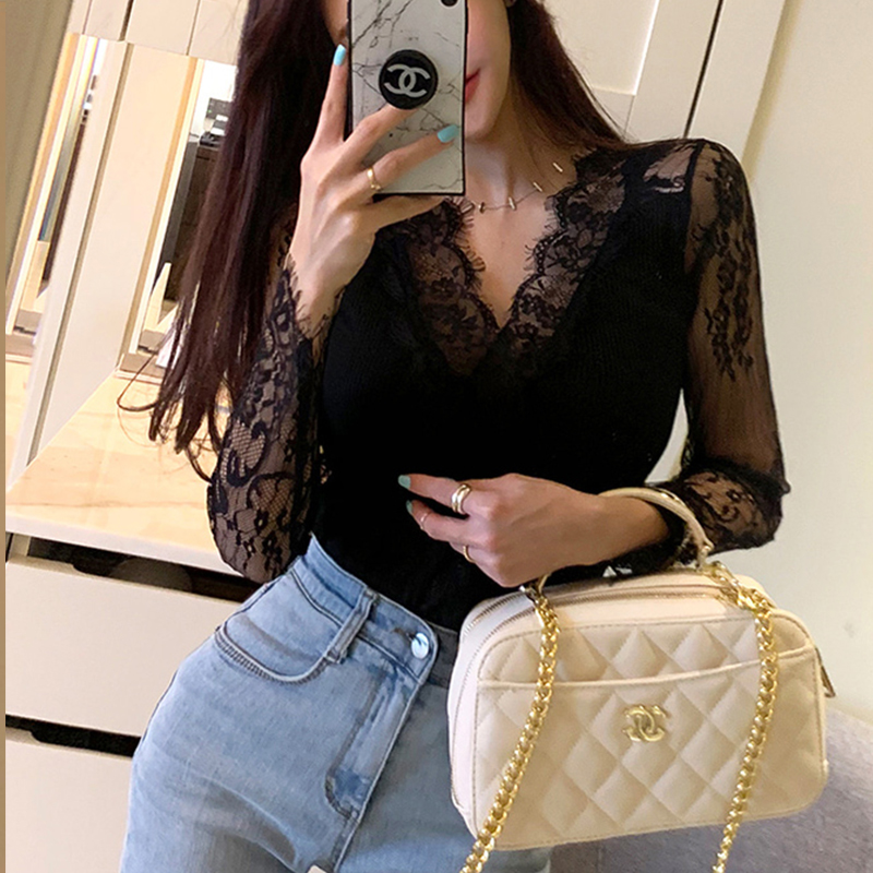 T恤女秋冬装洋气蕾丝打底衫女长袖t恤女打底衣女内搭V领磨毛t恤女