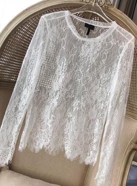 蕾丝打底衫女内搭白色新款大码低领洋气镂空性感薄款网纱气质上衣